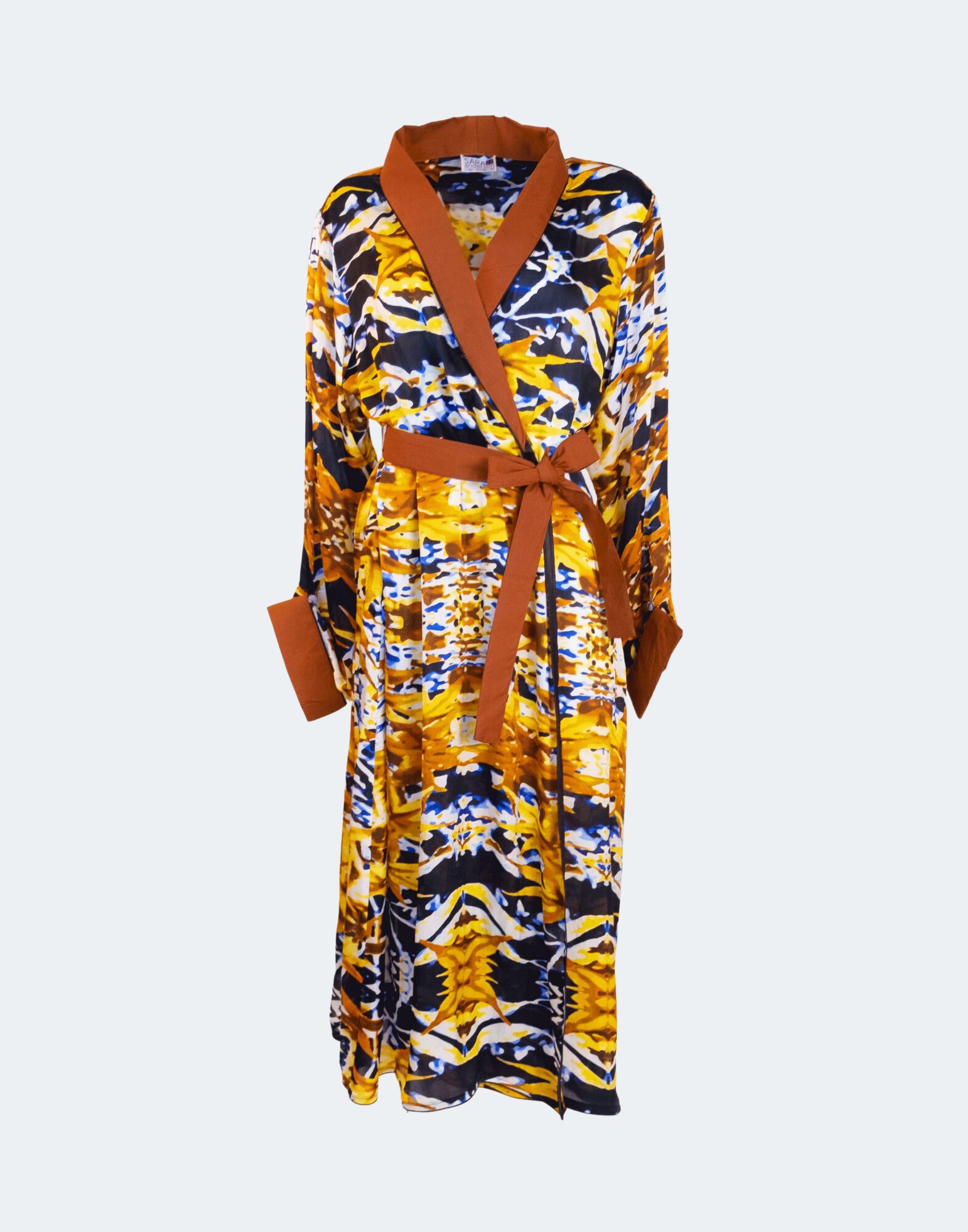 autumnal print robe with rich brow collar and sash