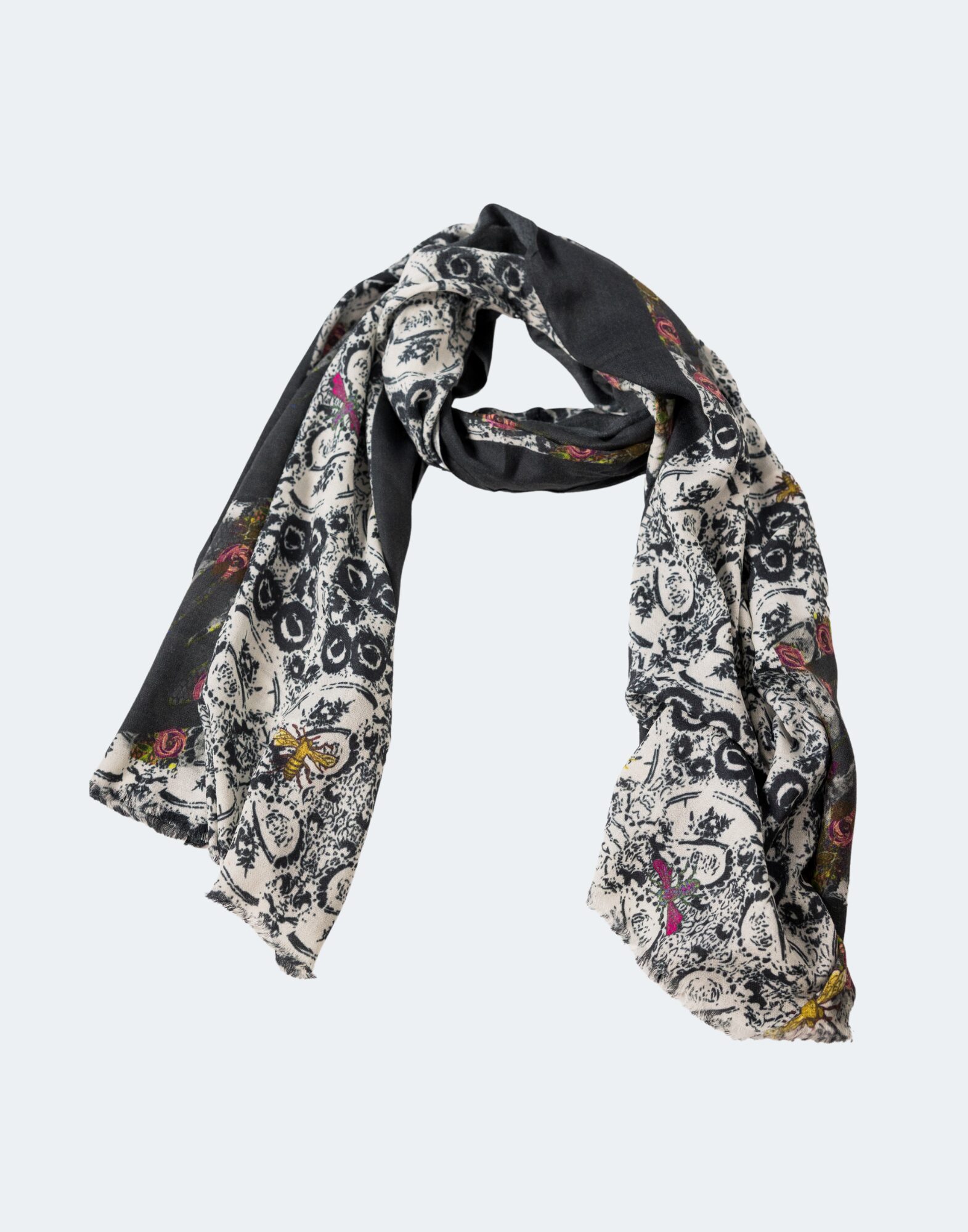black and white scarf with hands and roses in the print
