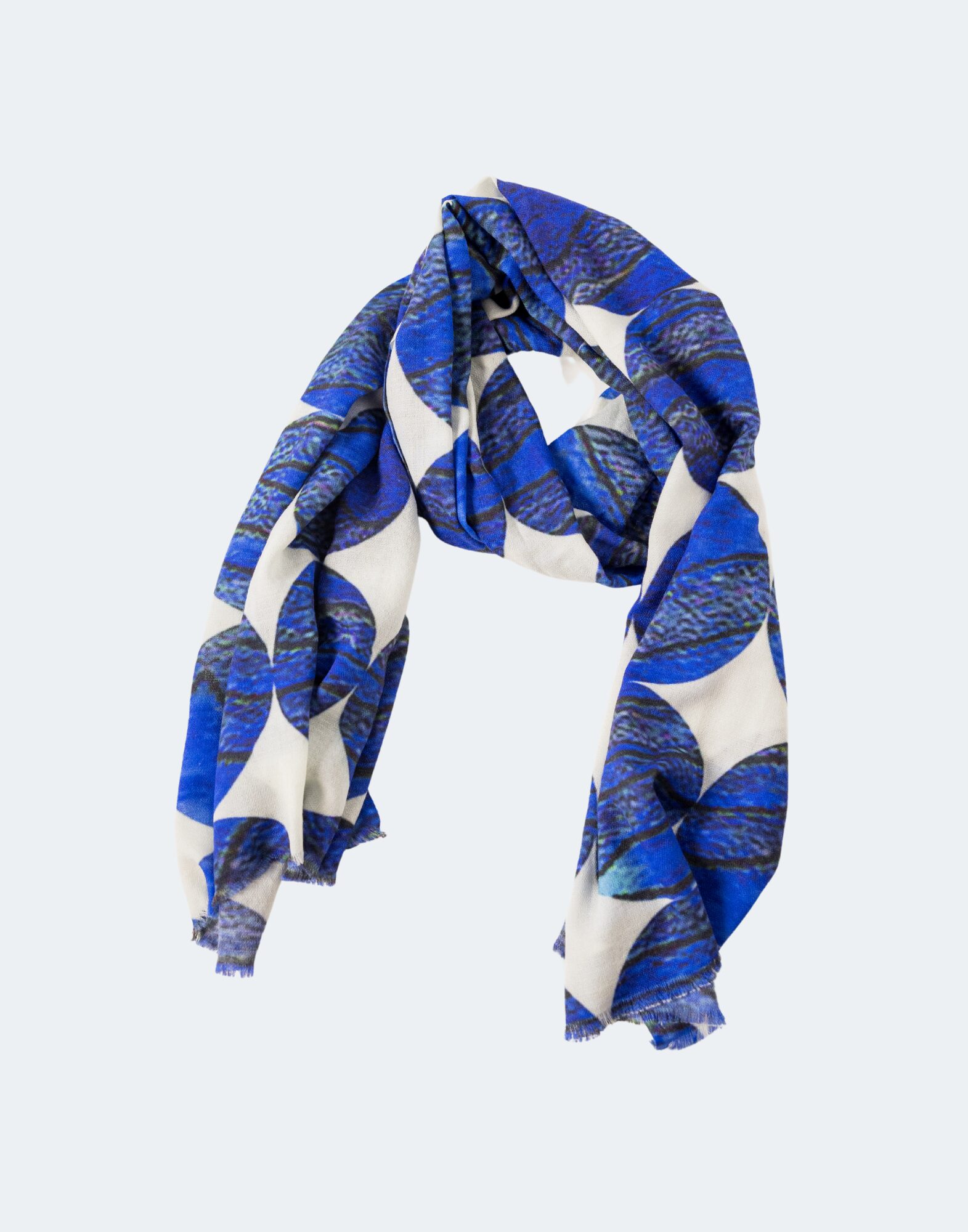 Scarf with blue print circles against a white background