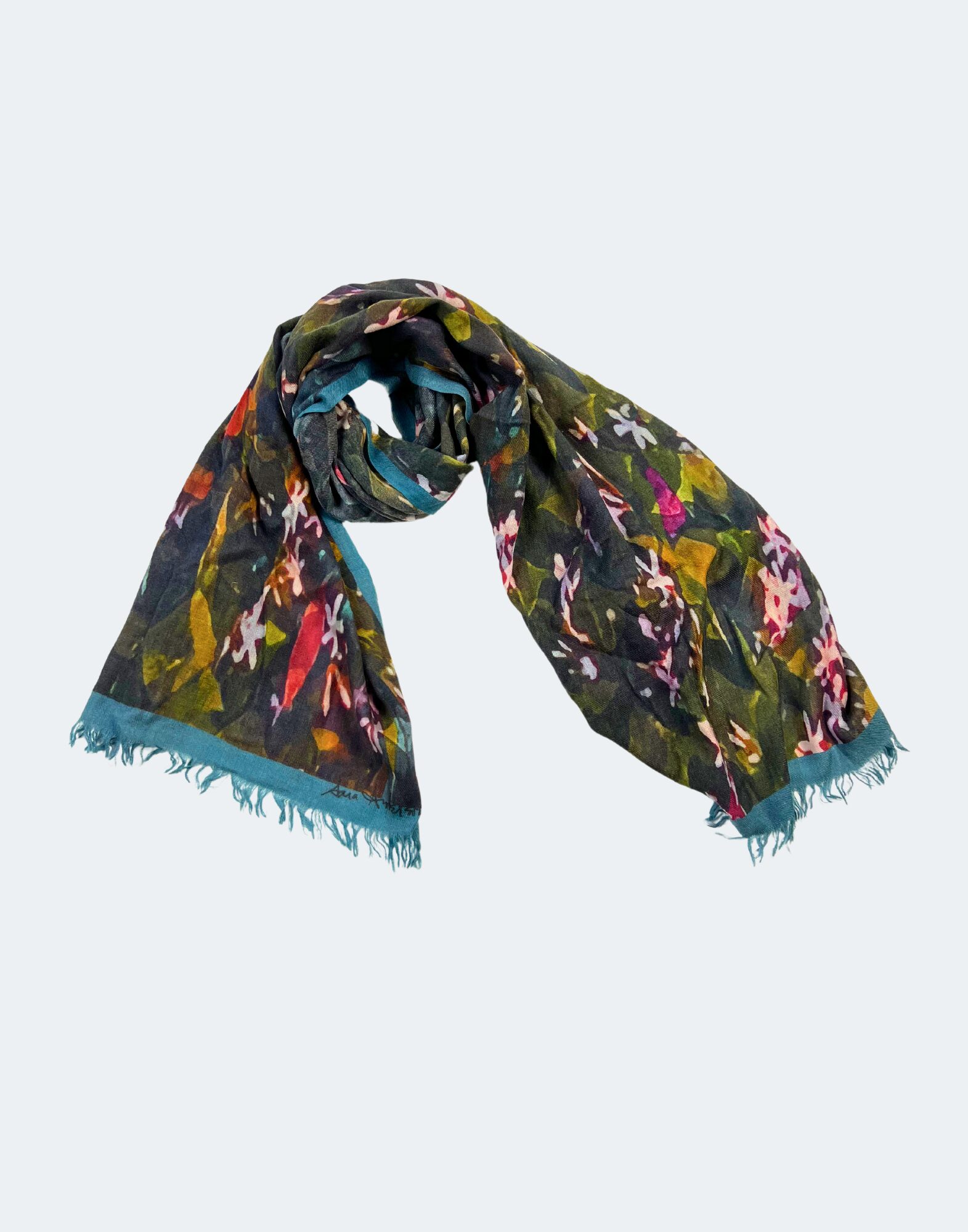 scarf with dark cool tones and fleck of color
