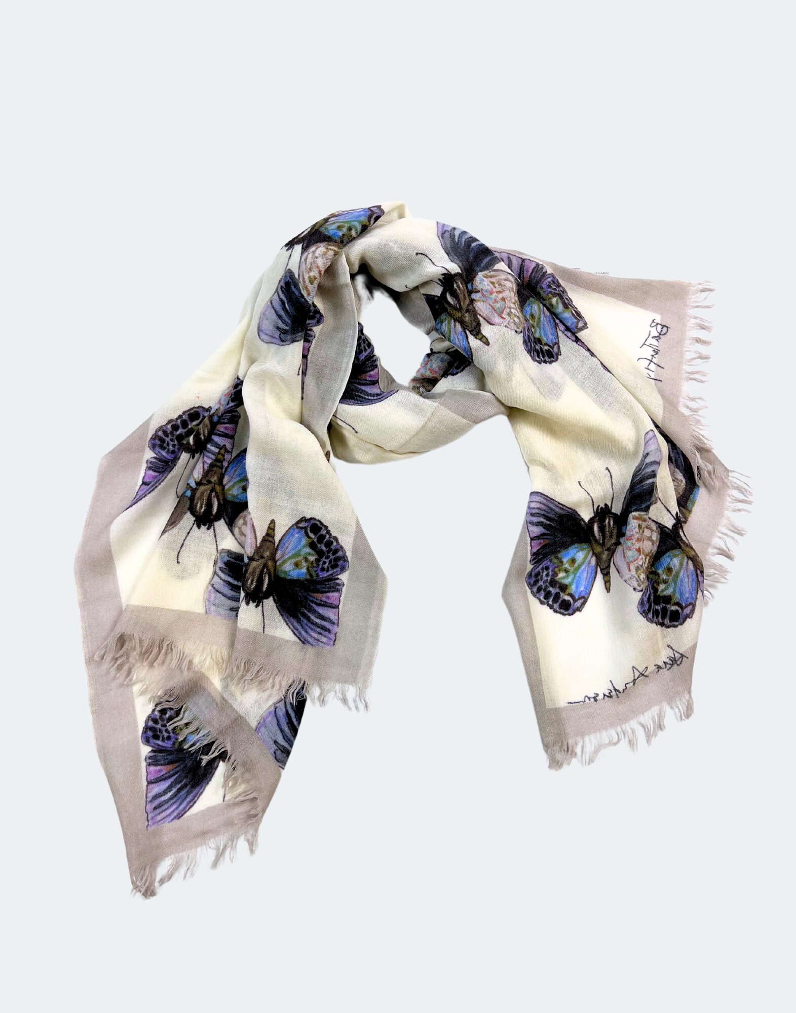 white and gray scarf that with colorful butterflies