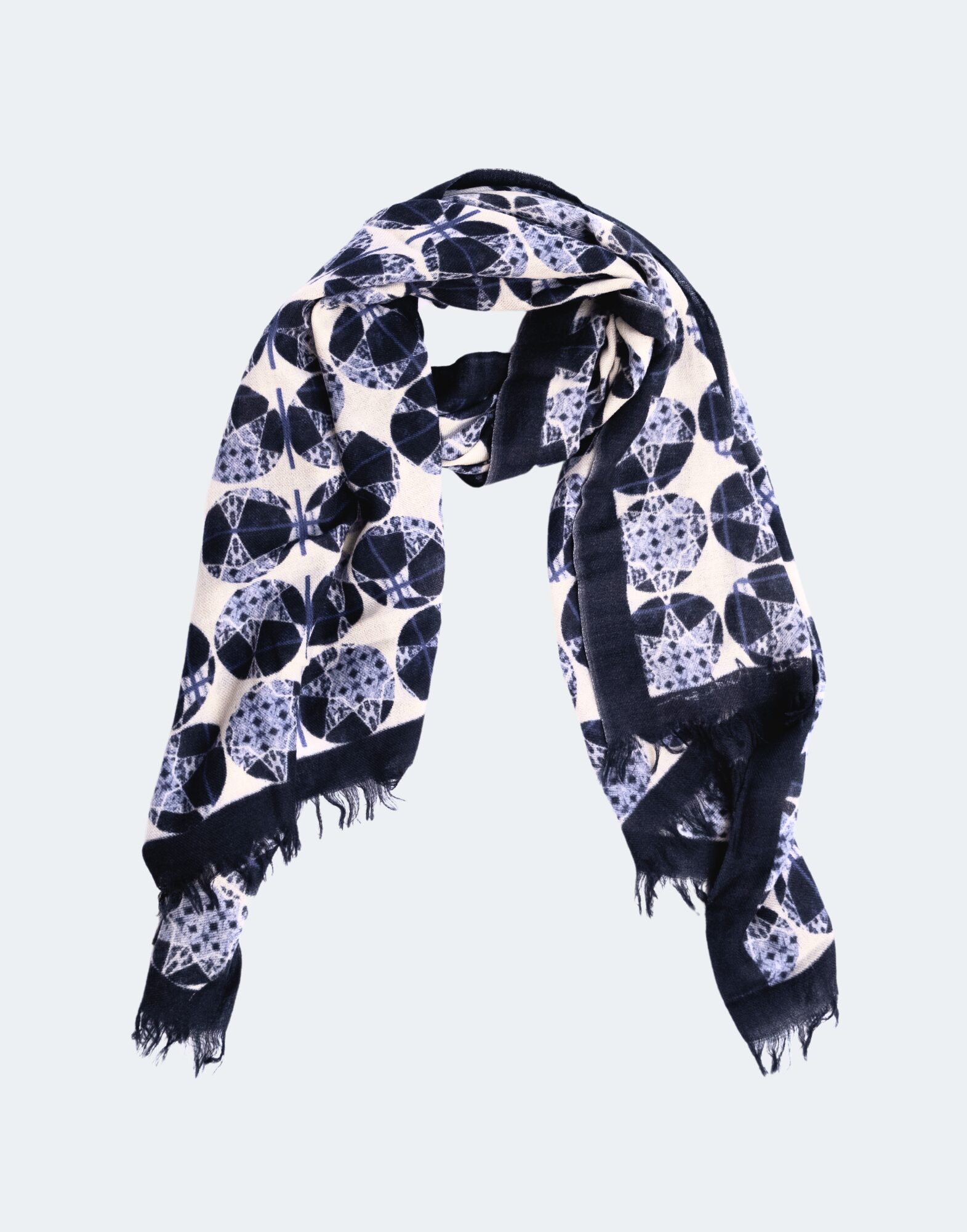 blue and whit geometric circle patterned scarf