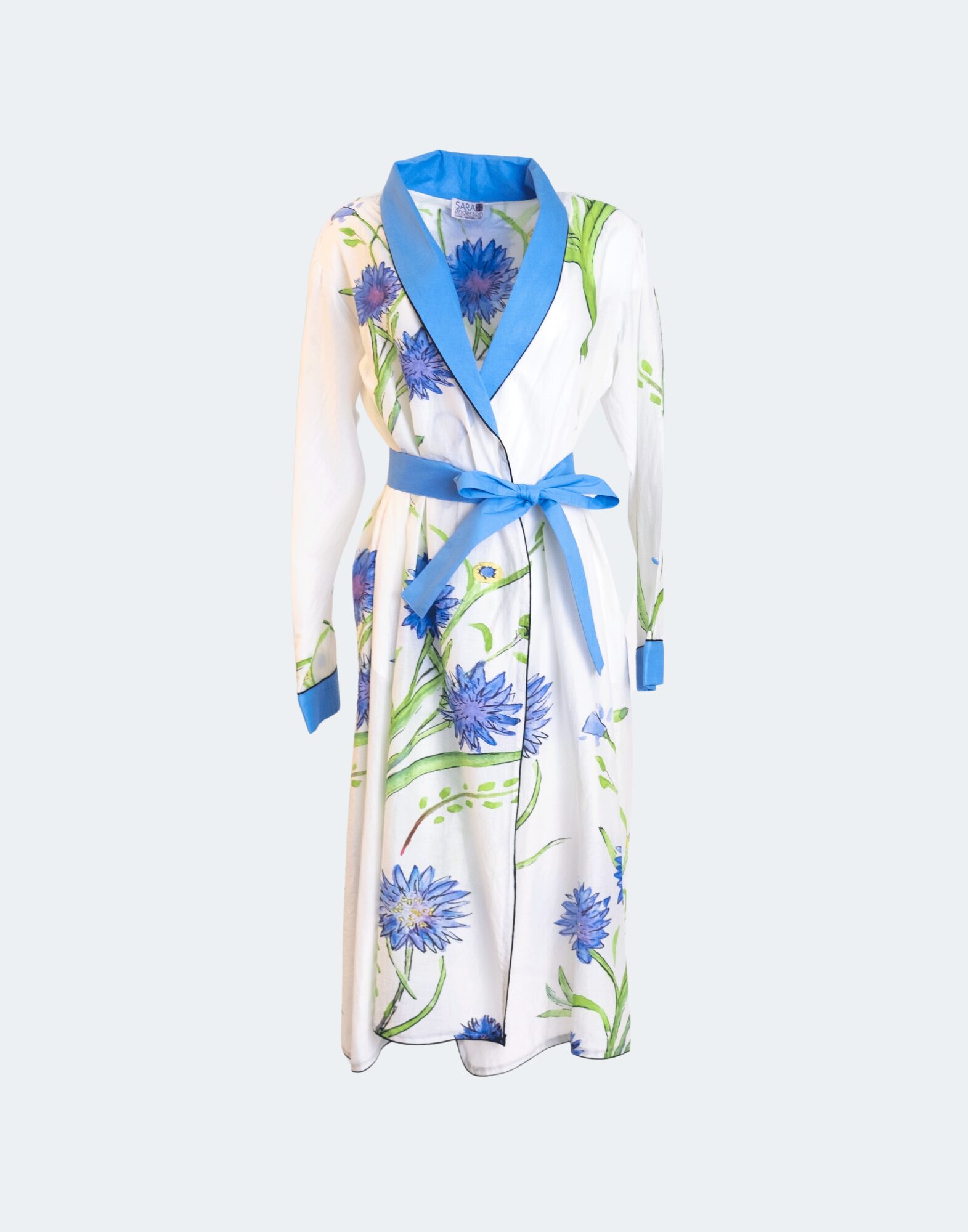 white robe with blue flowers