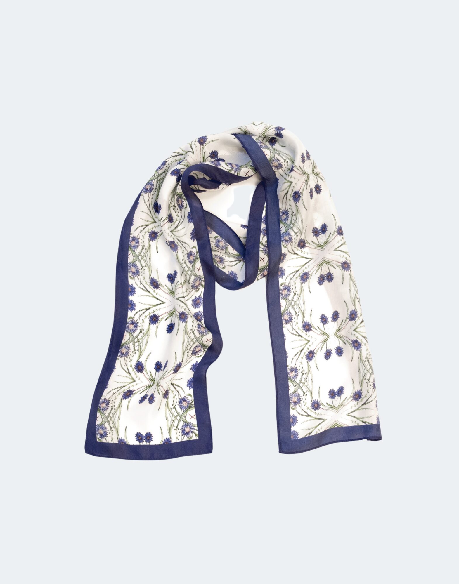 blue and white scarf with pattern of cornflowers