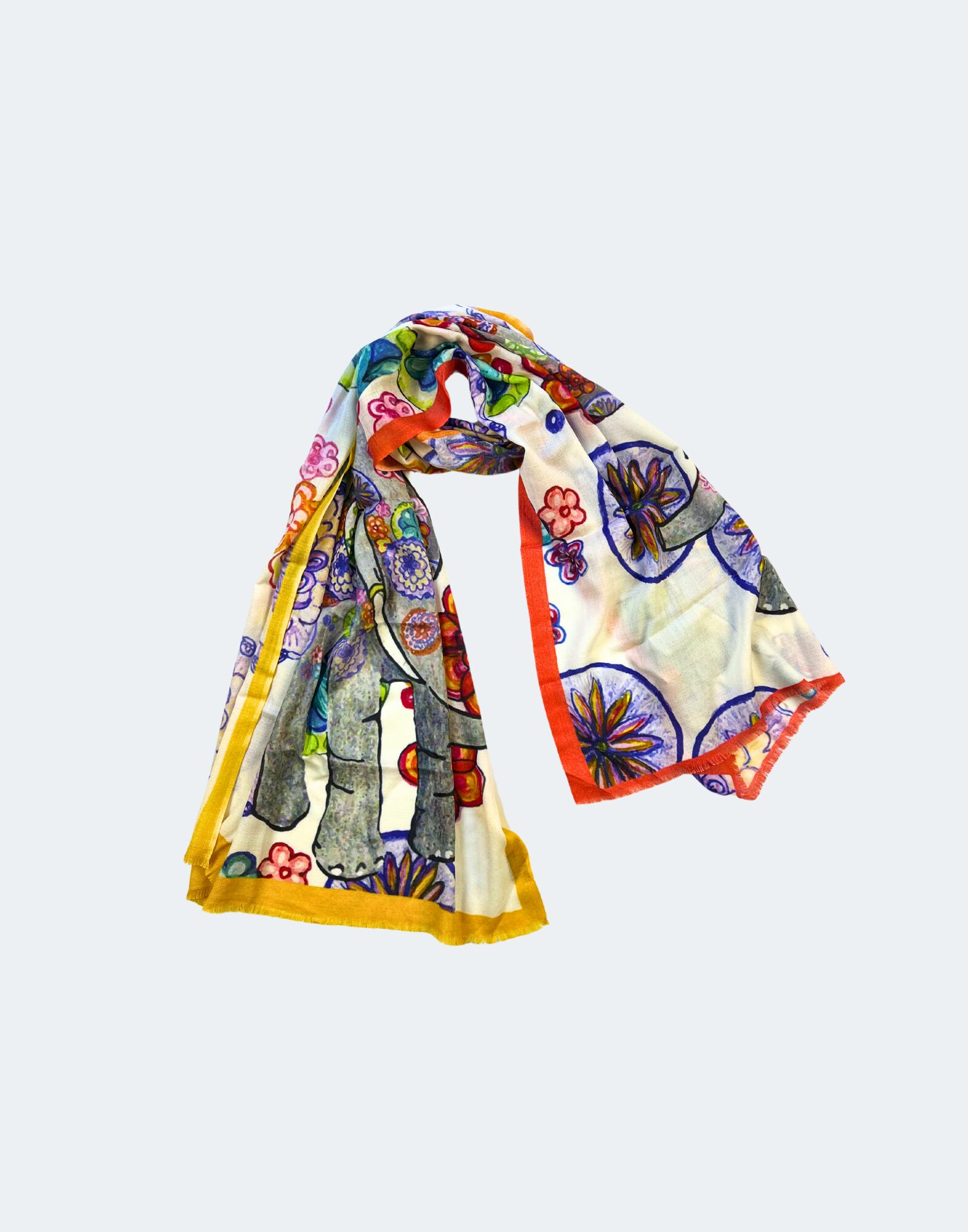 Scarf in white with bright colored flowers and elephants