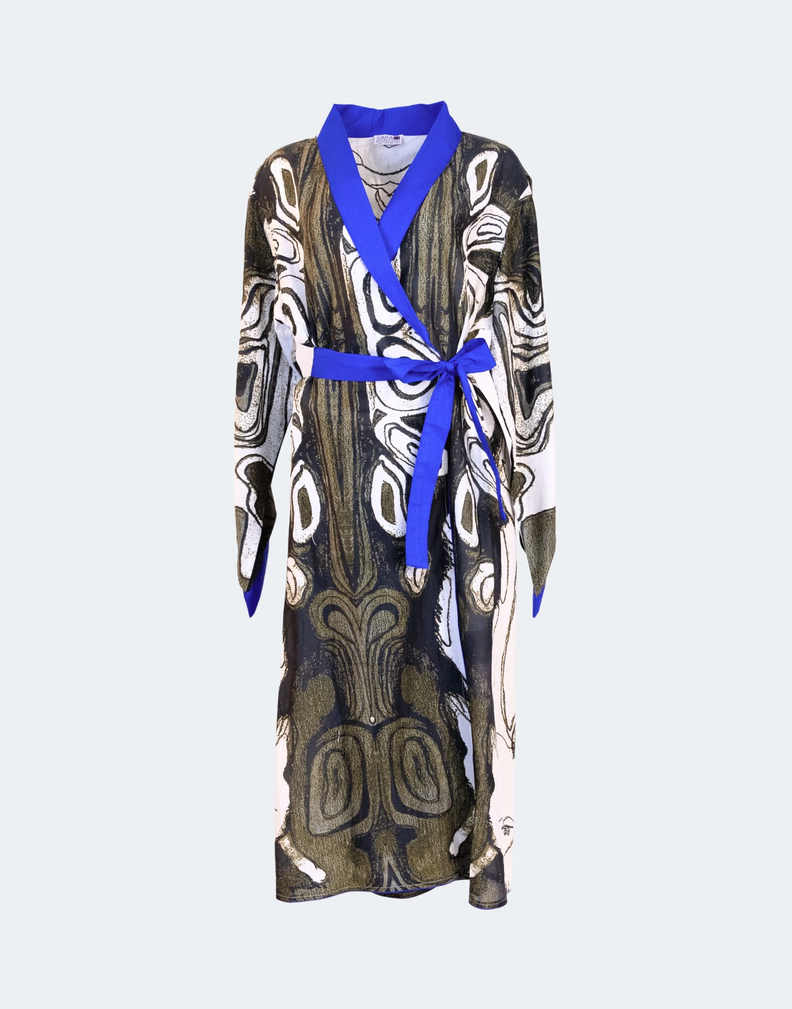 black and white robe with blue collar and sash