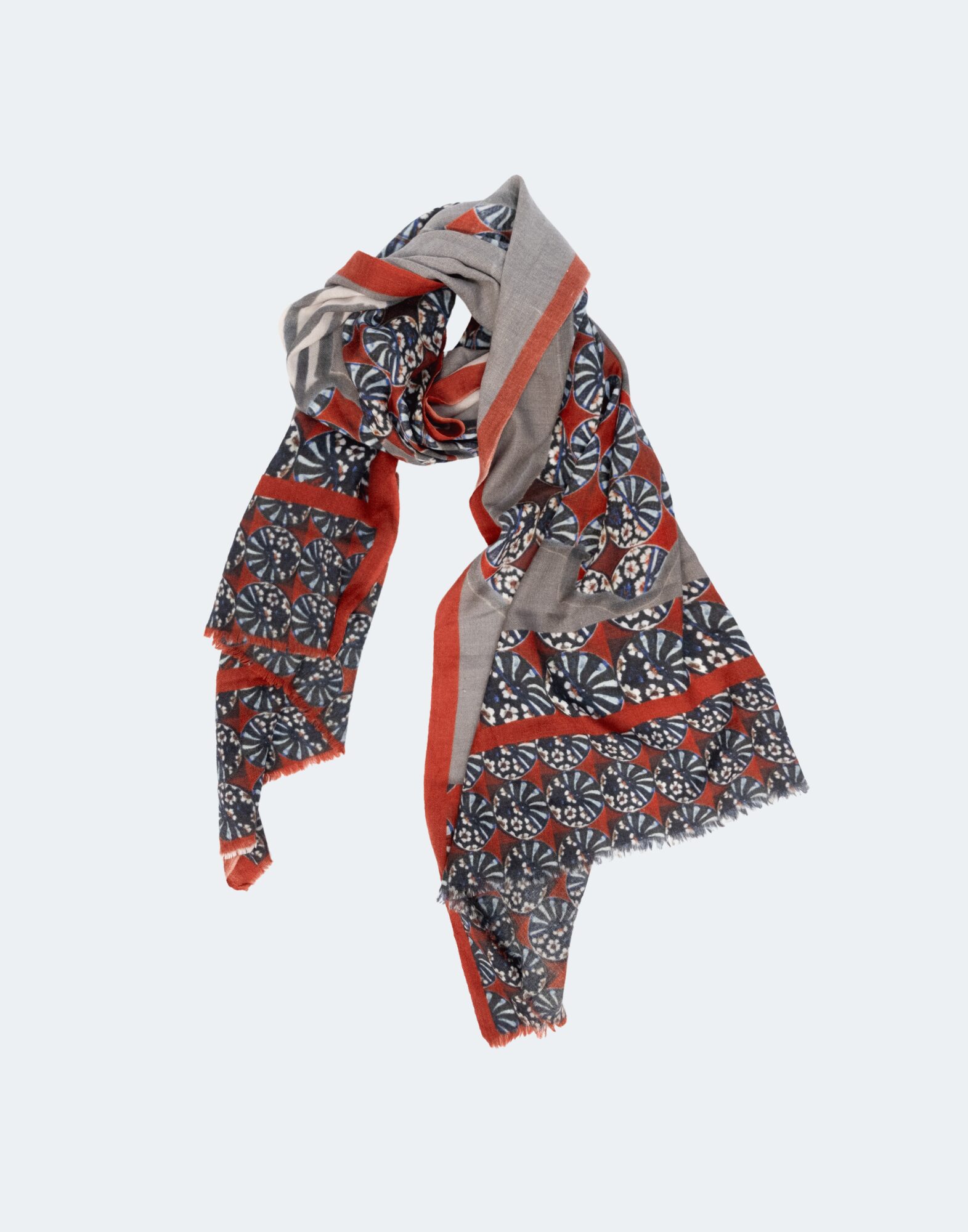 gray and red patterned scarf with image of a woman