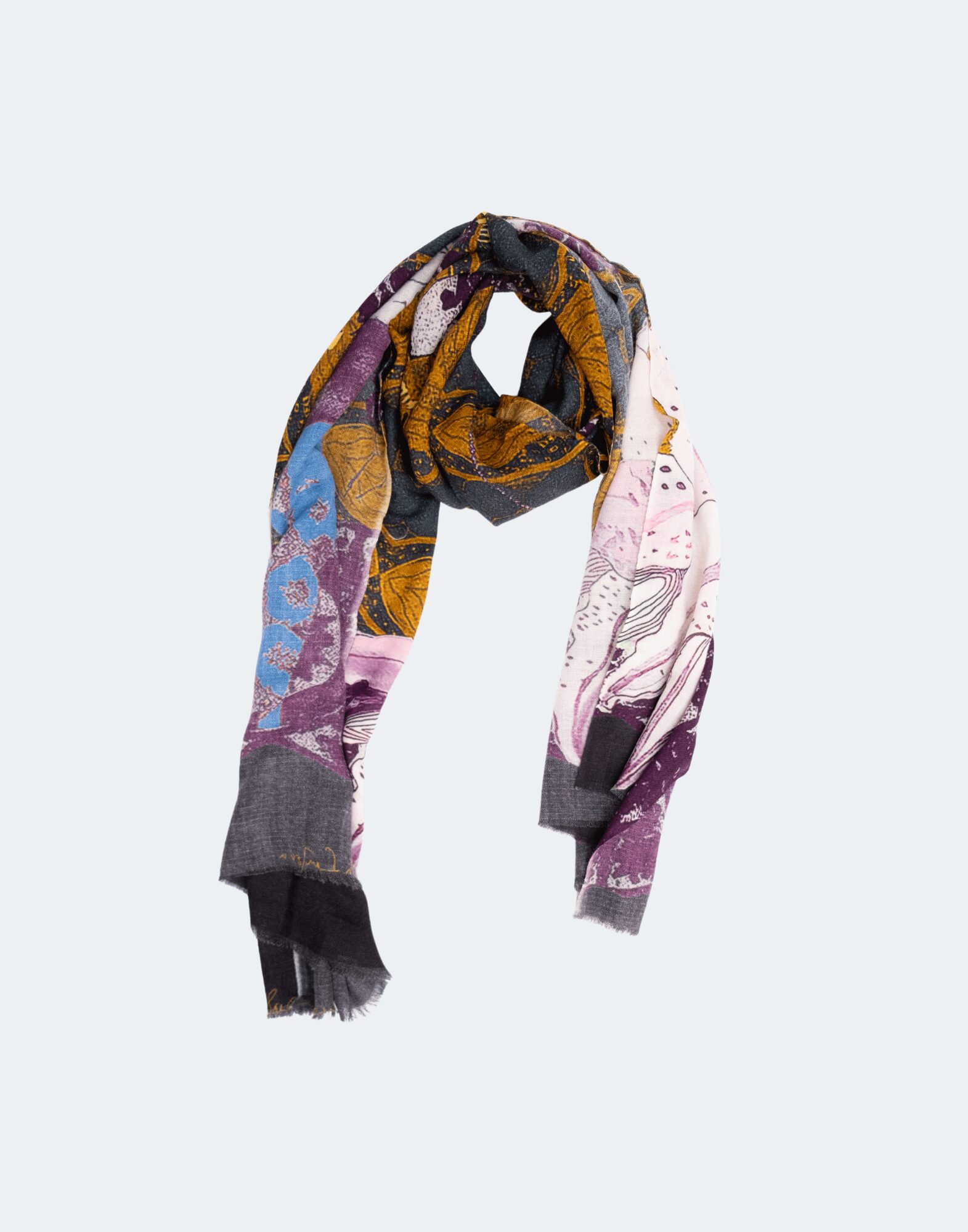 scarf of dee hues depicting a girl with lanterns around her and large lily flowers