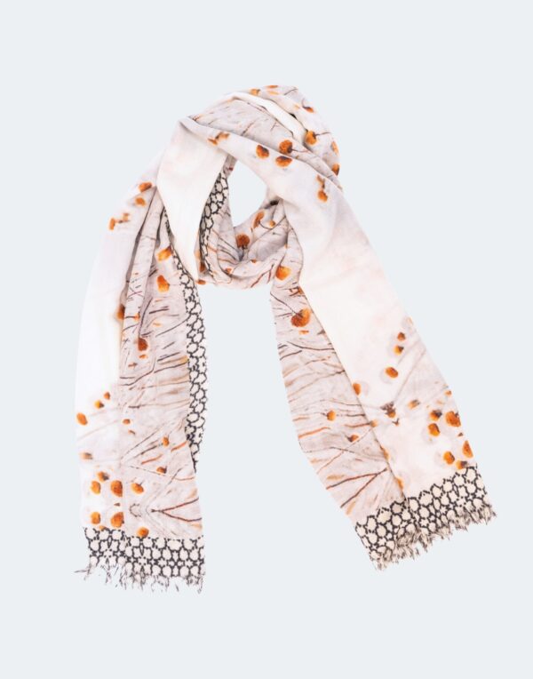 neutral scarf with warm pops of brown and black and white edge