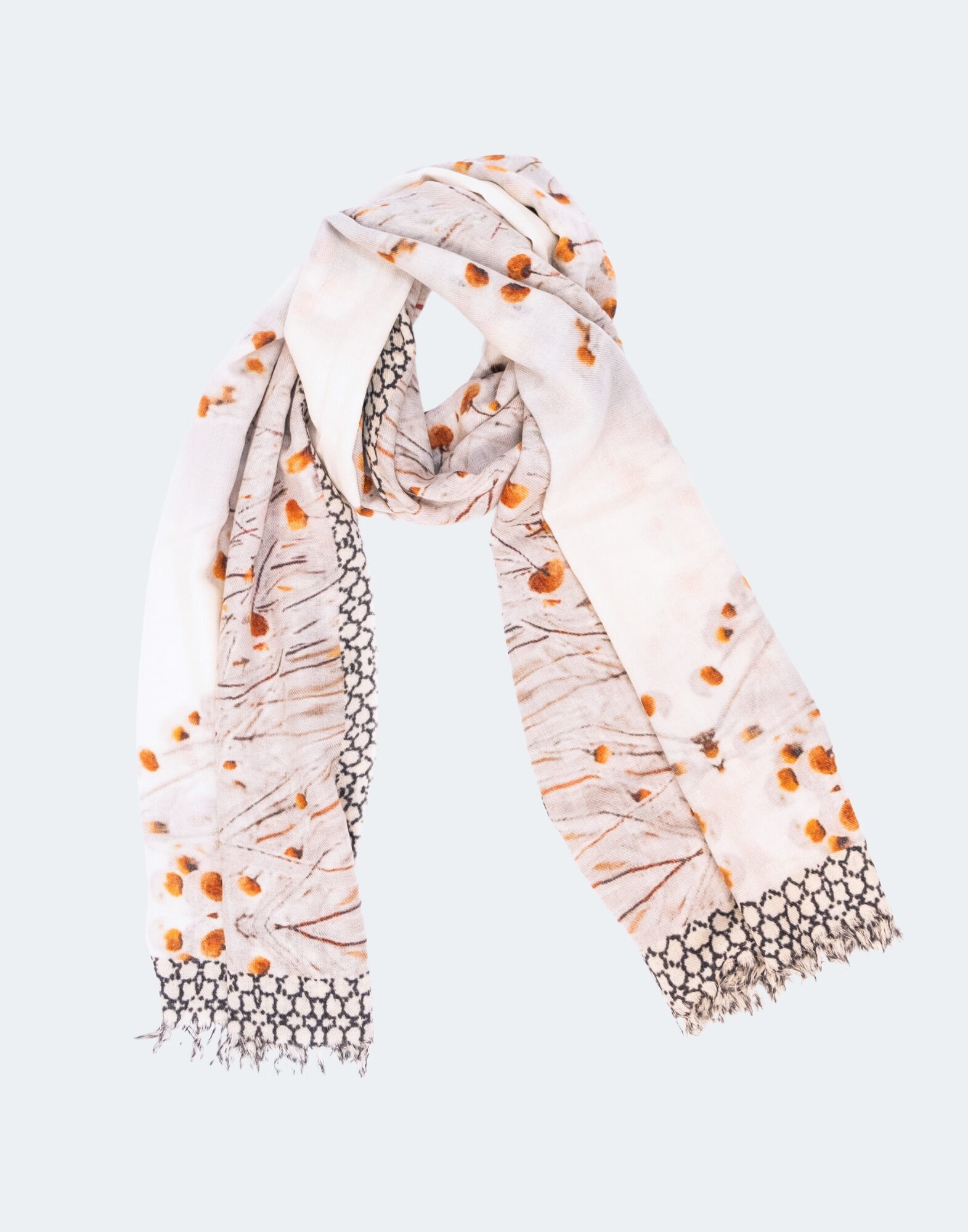 neutral scarf with warm pops of brown and black and white edge