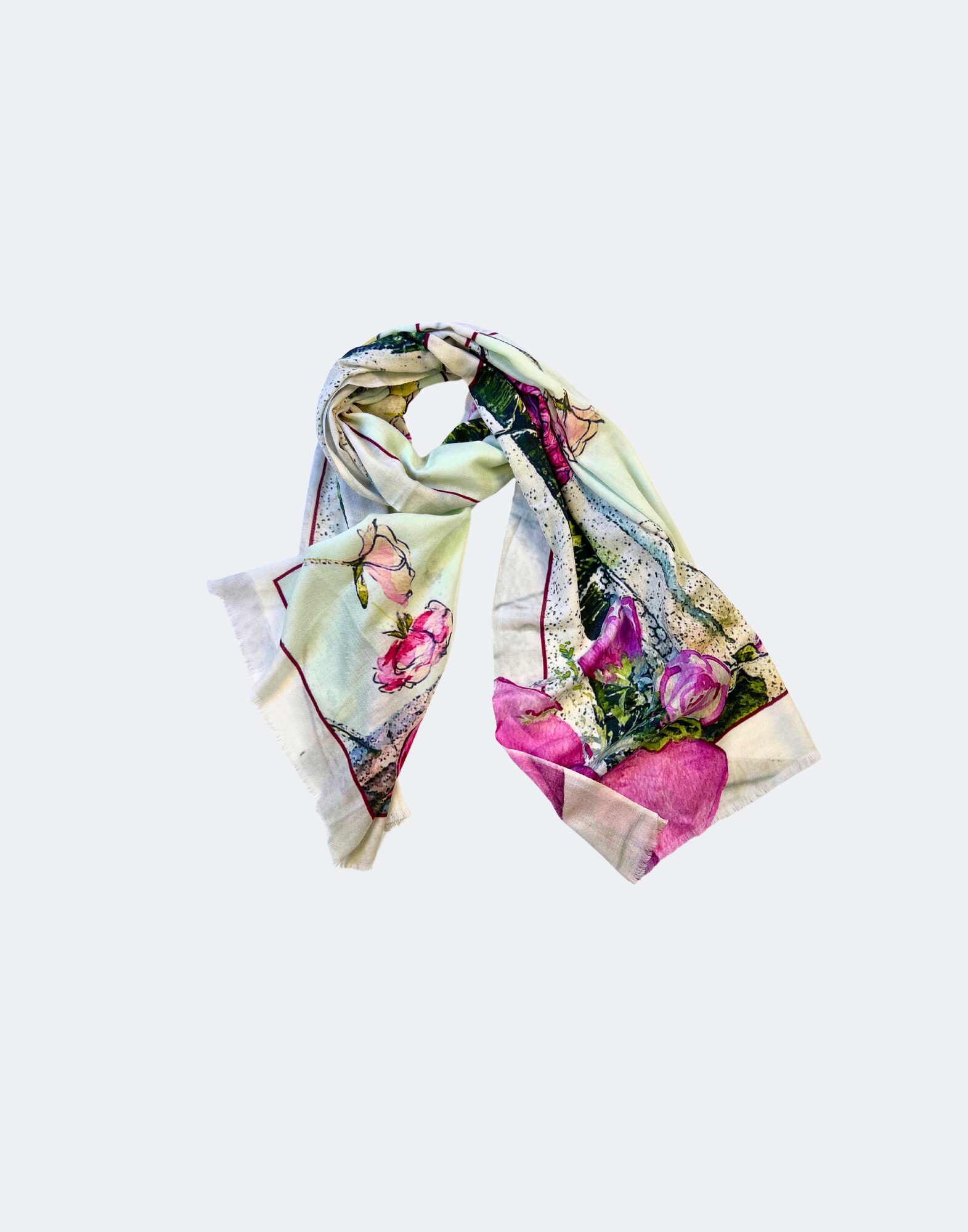 scarf with scene depicting mont saint michel with bows and flowers