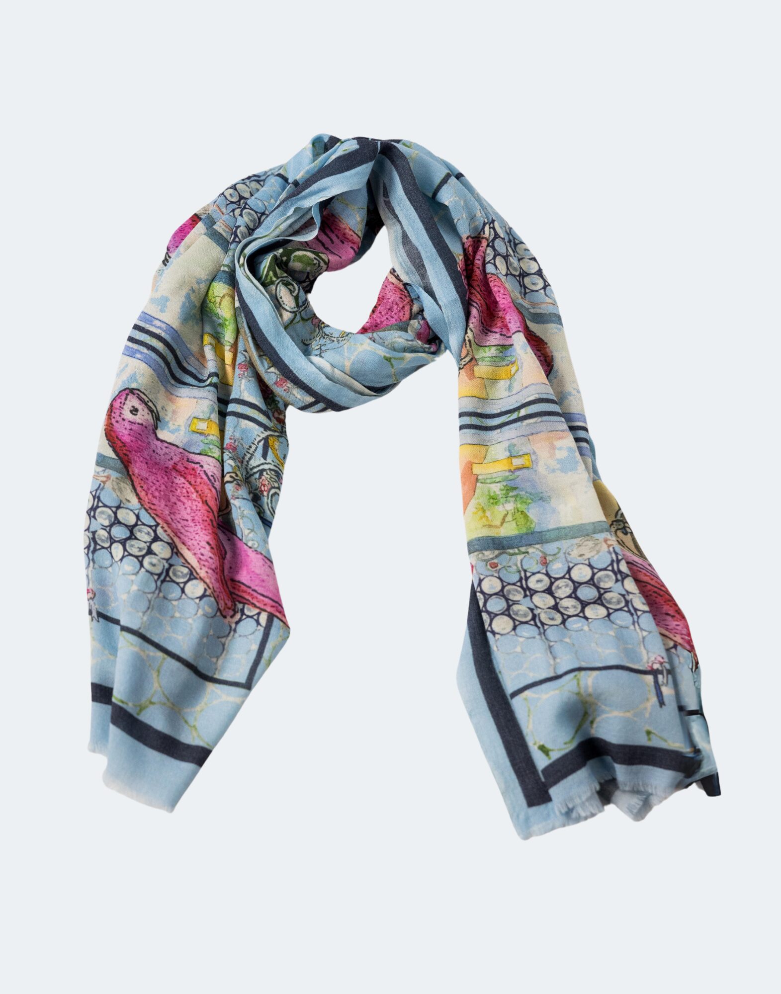 scarf with blue depicting a window view and a parrot
