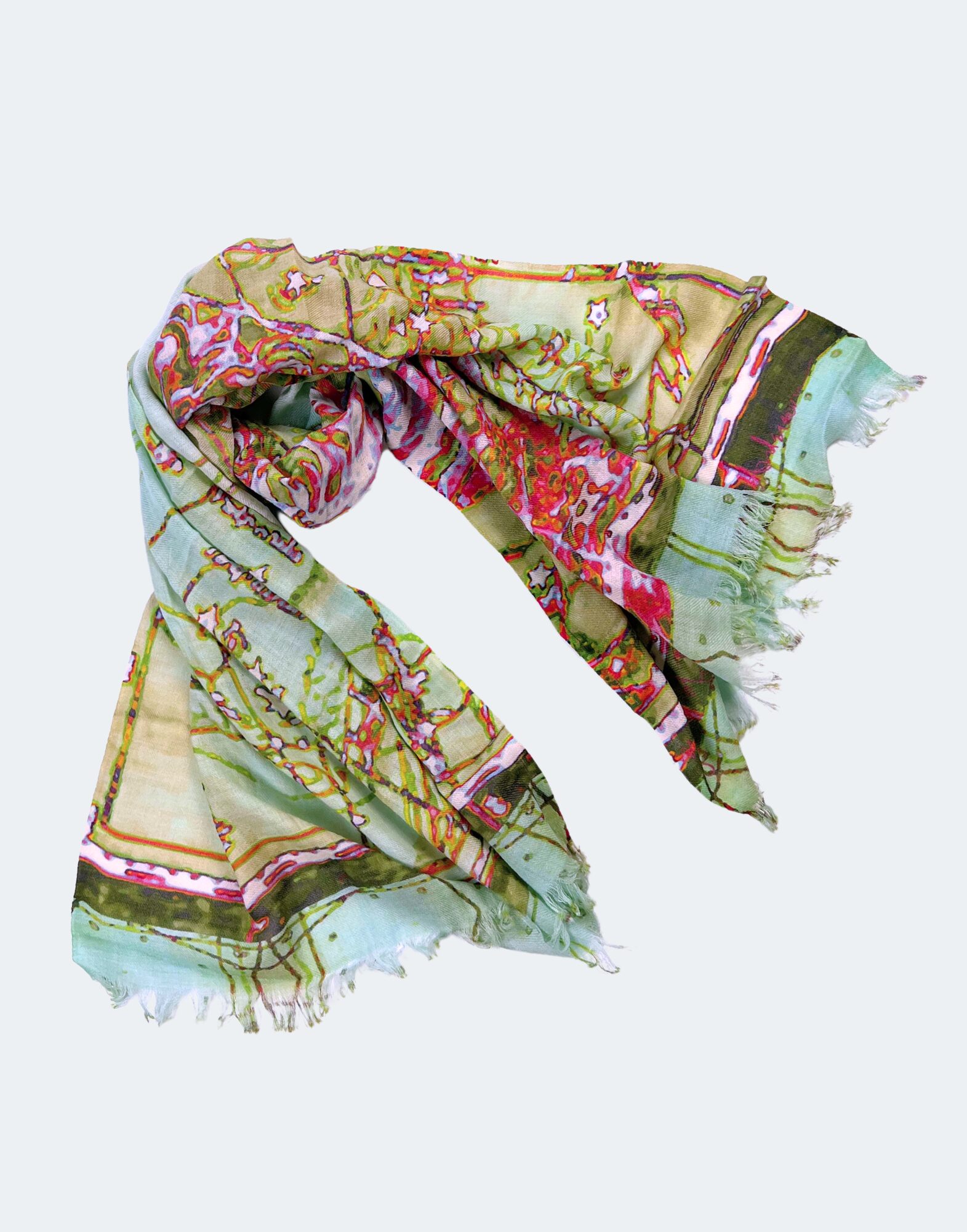 Pale blues, greens, and pinks make up this print of a constellation of two horses on this scarf