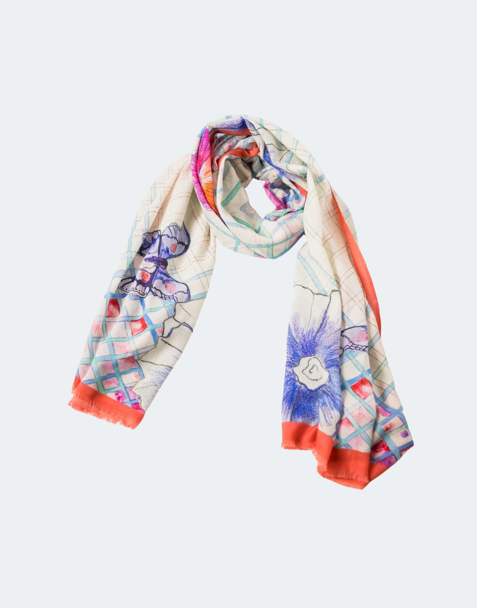 bright multi colored scarf with trellis and peonies