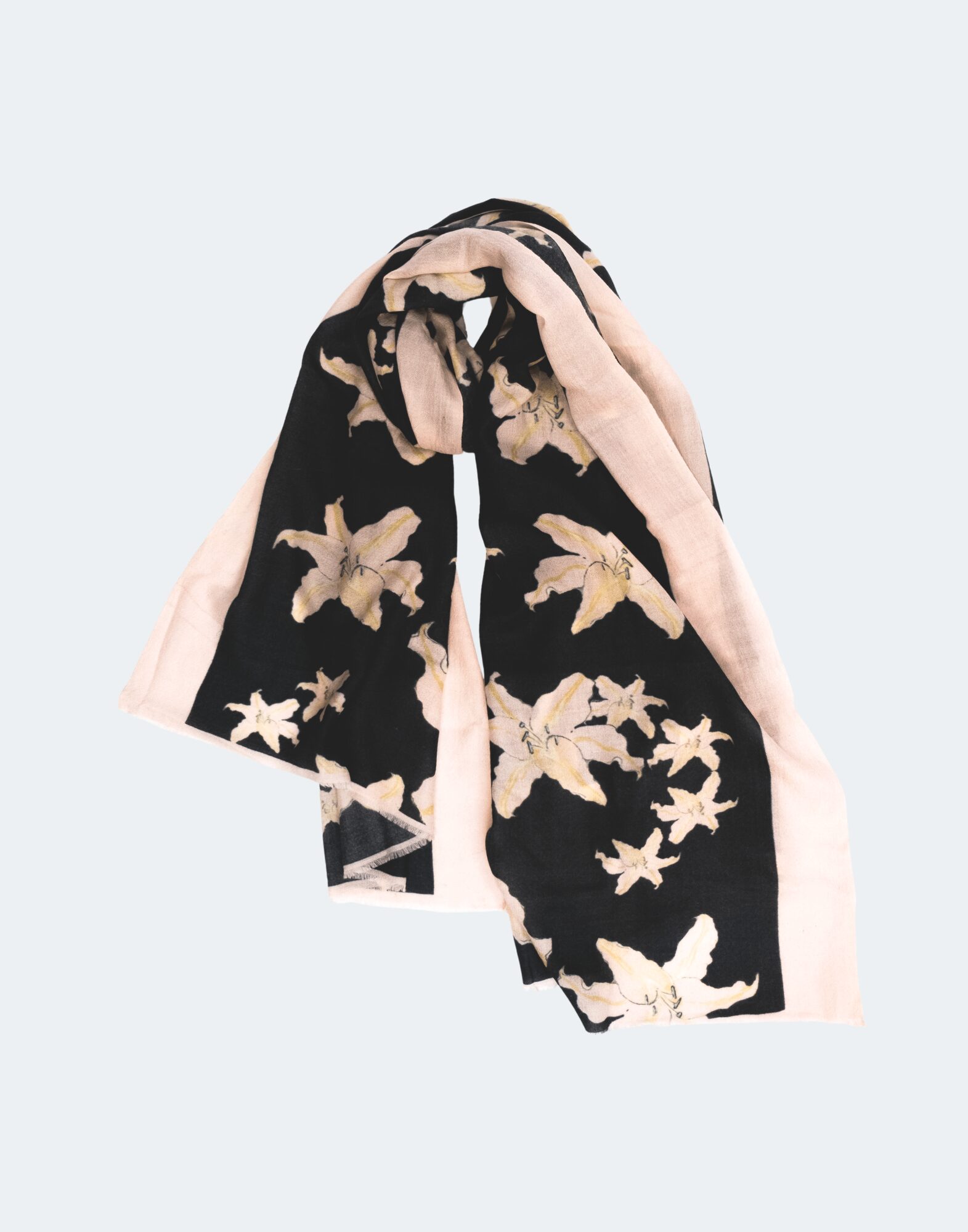 black scarf with pink lilies as the print