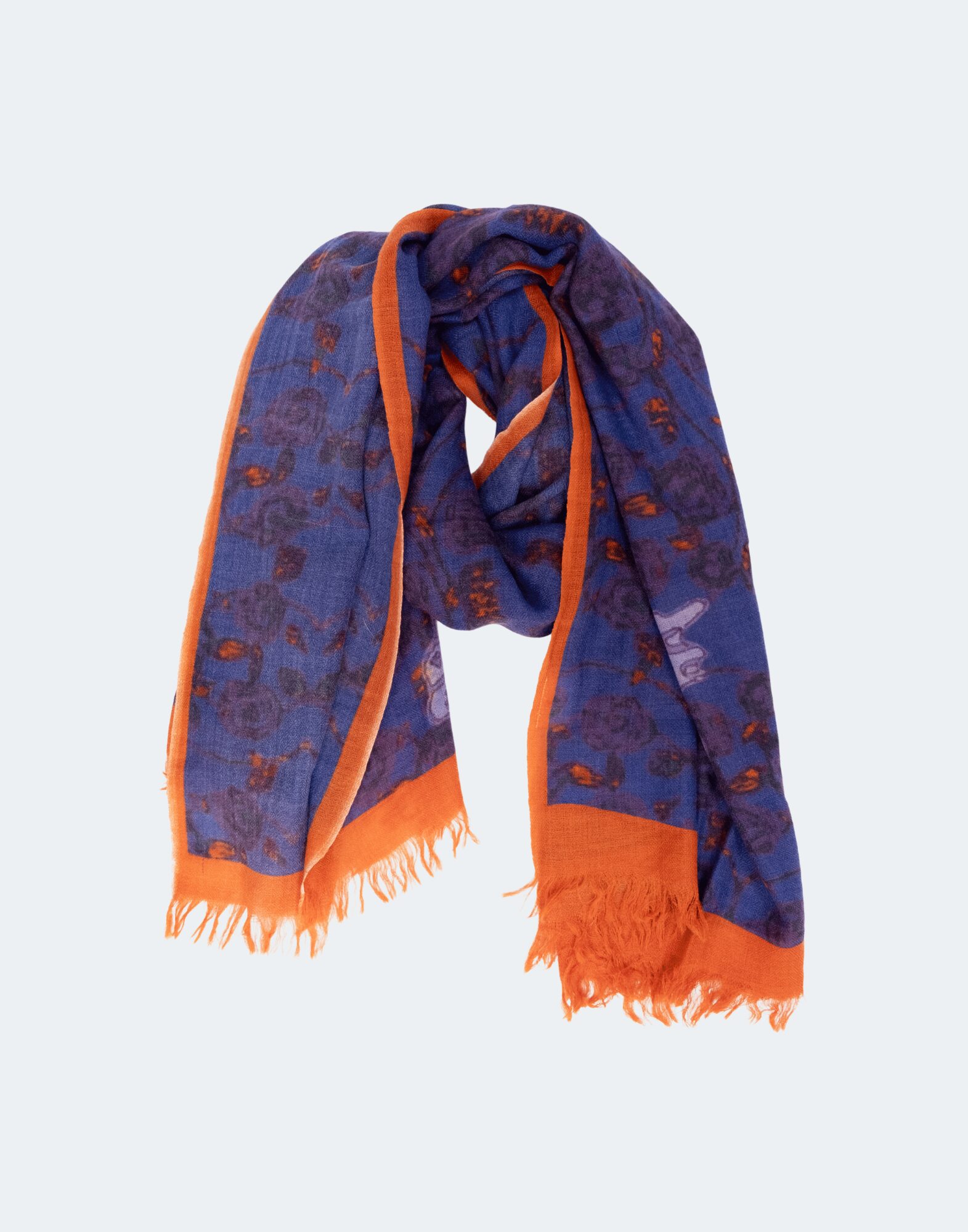 purple and orange scarf depicting a moth