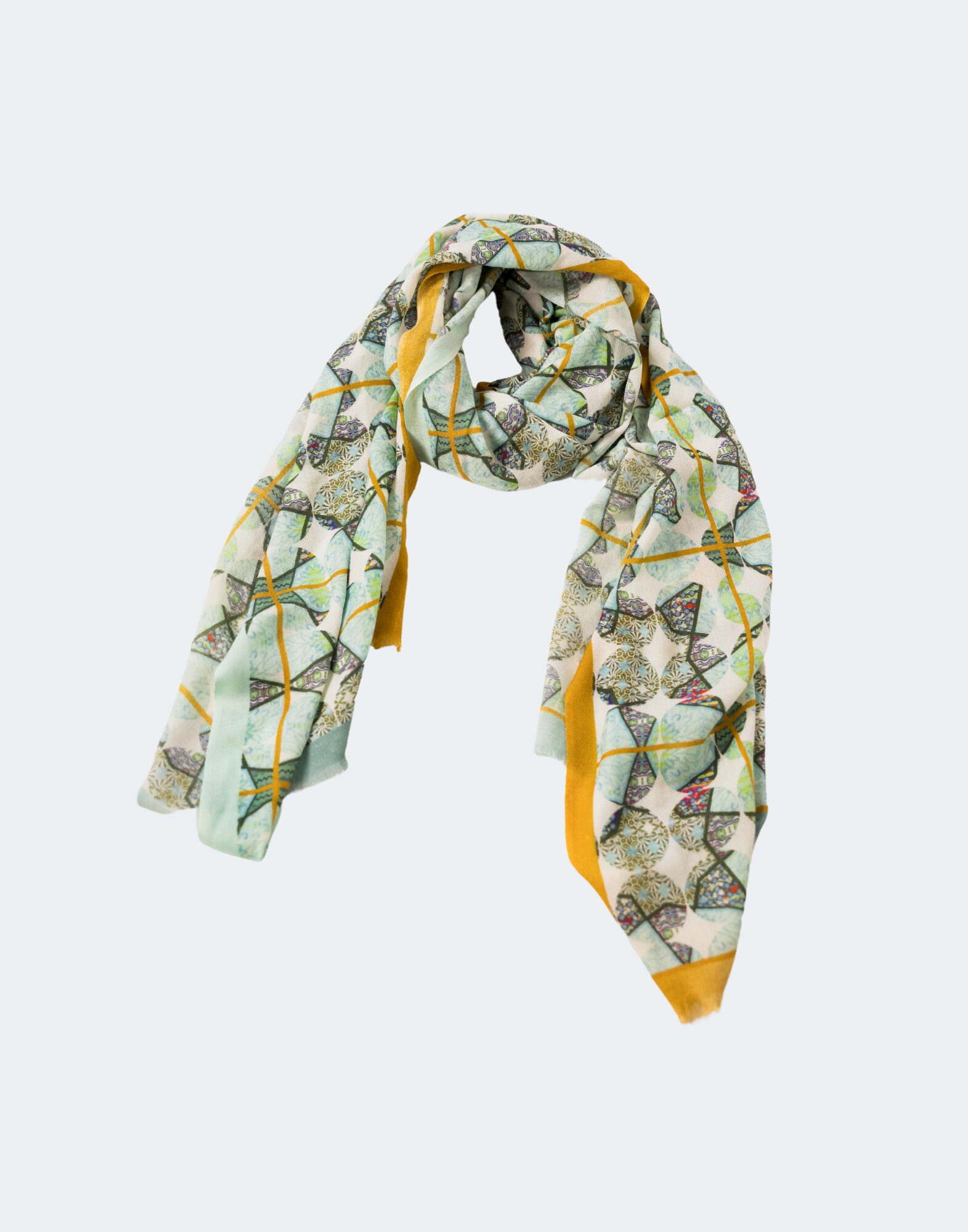 blue, green, and yellow patterned scarf