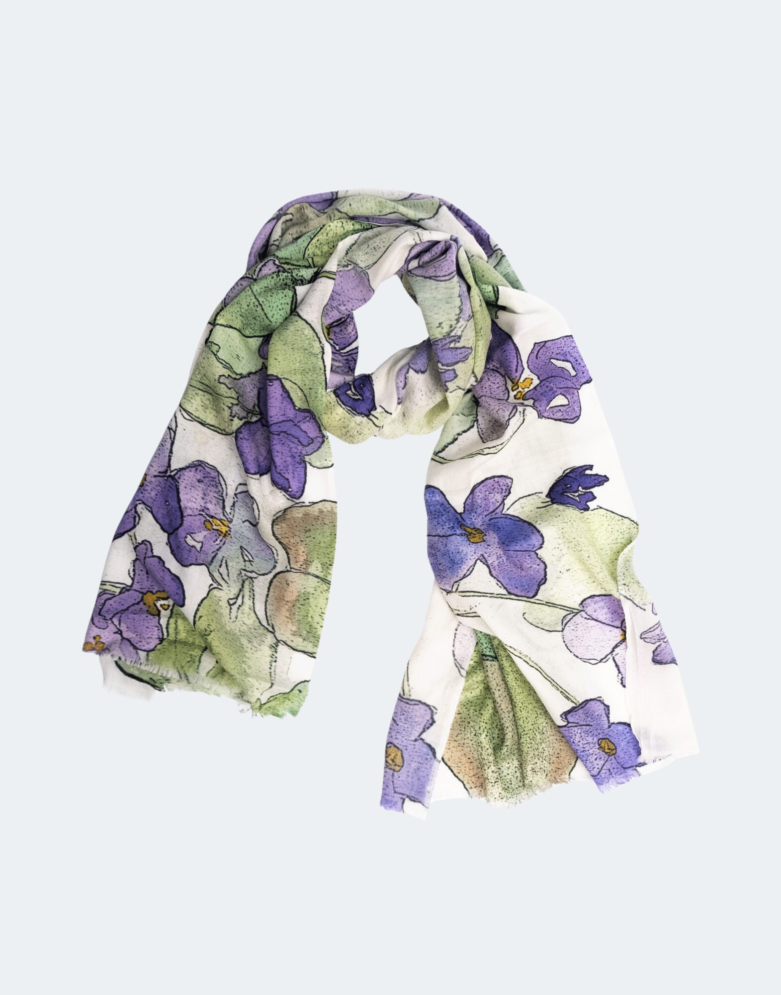scarf with a print of purple violets and green leaves