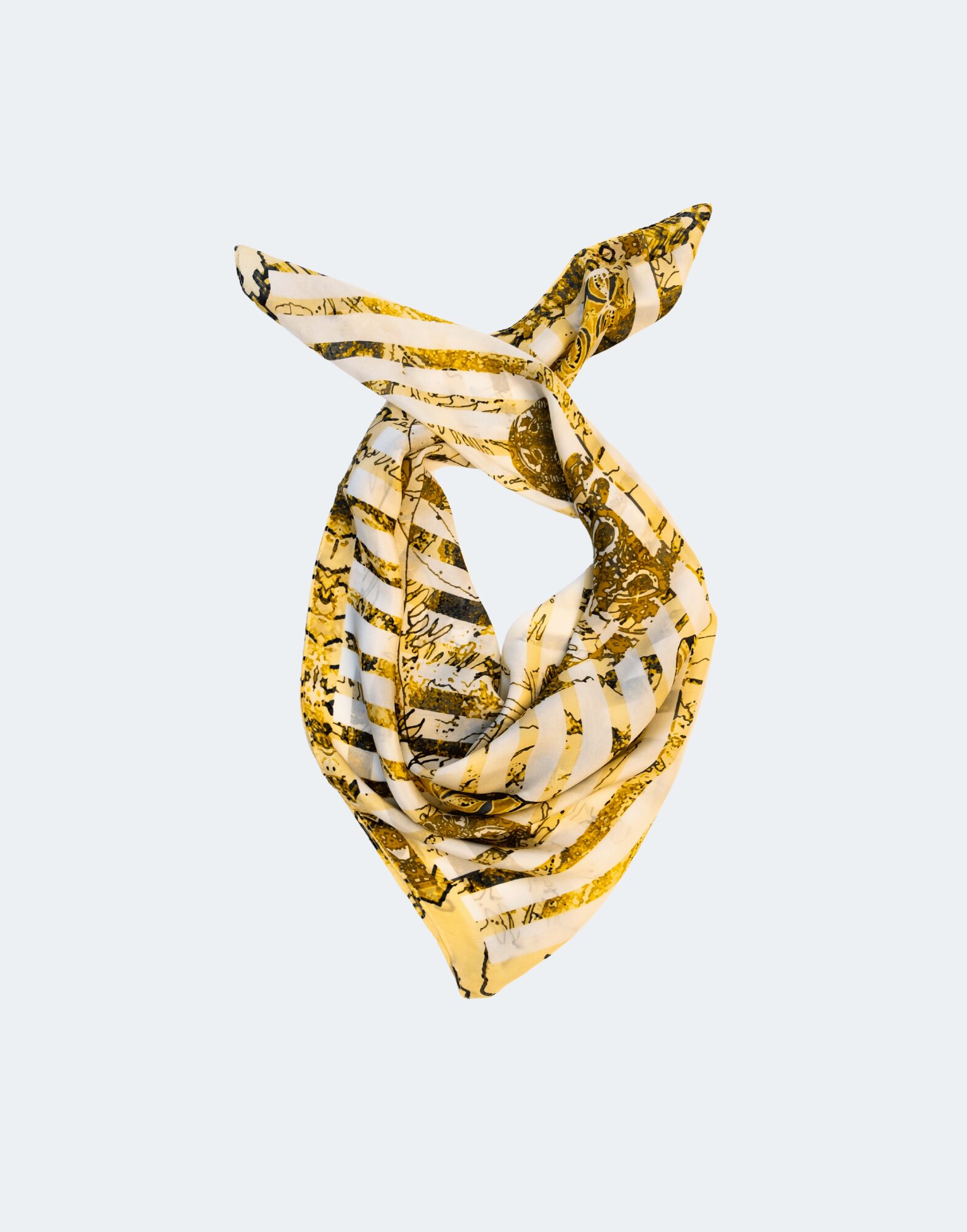 gold and white scarf with bird and stripes