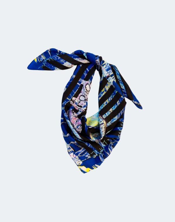 scarf in blacks and blues with stripes and a bird displayed
