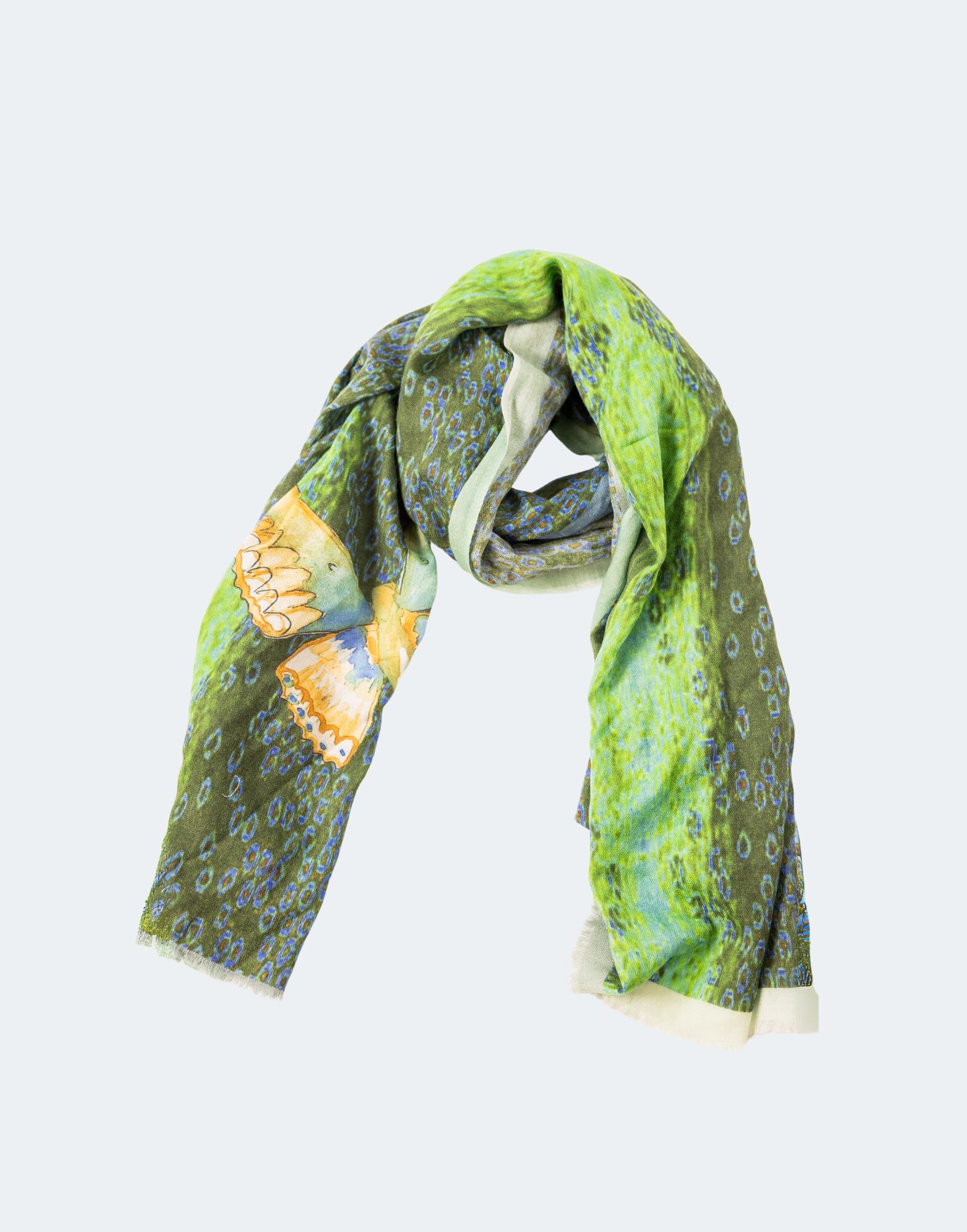 scarf in different shades of green depicting a moth