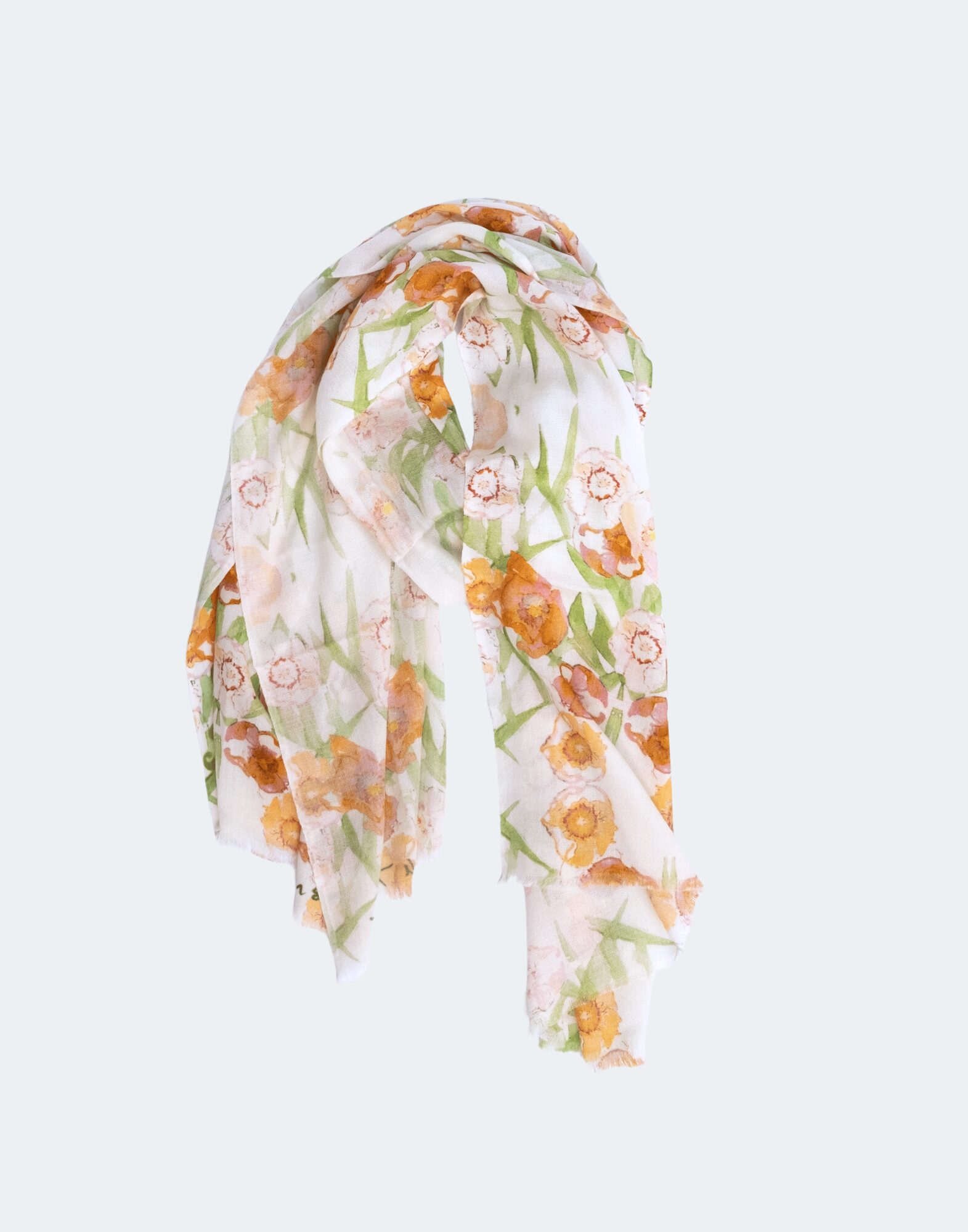 scarf covered in tulips of pale oranges, pinks, and greens