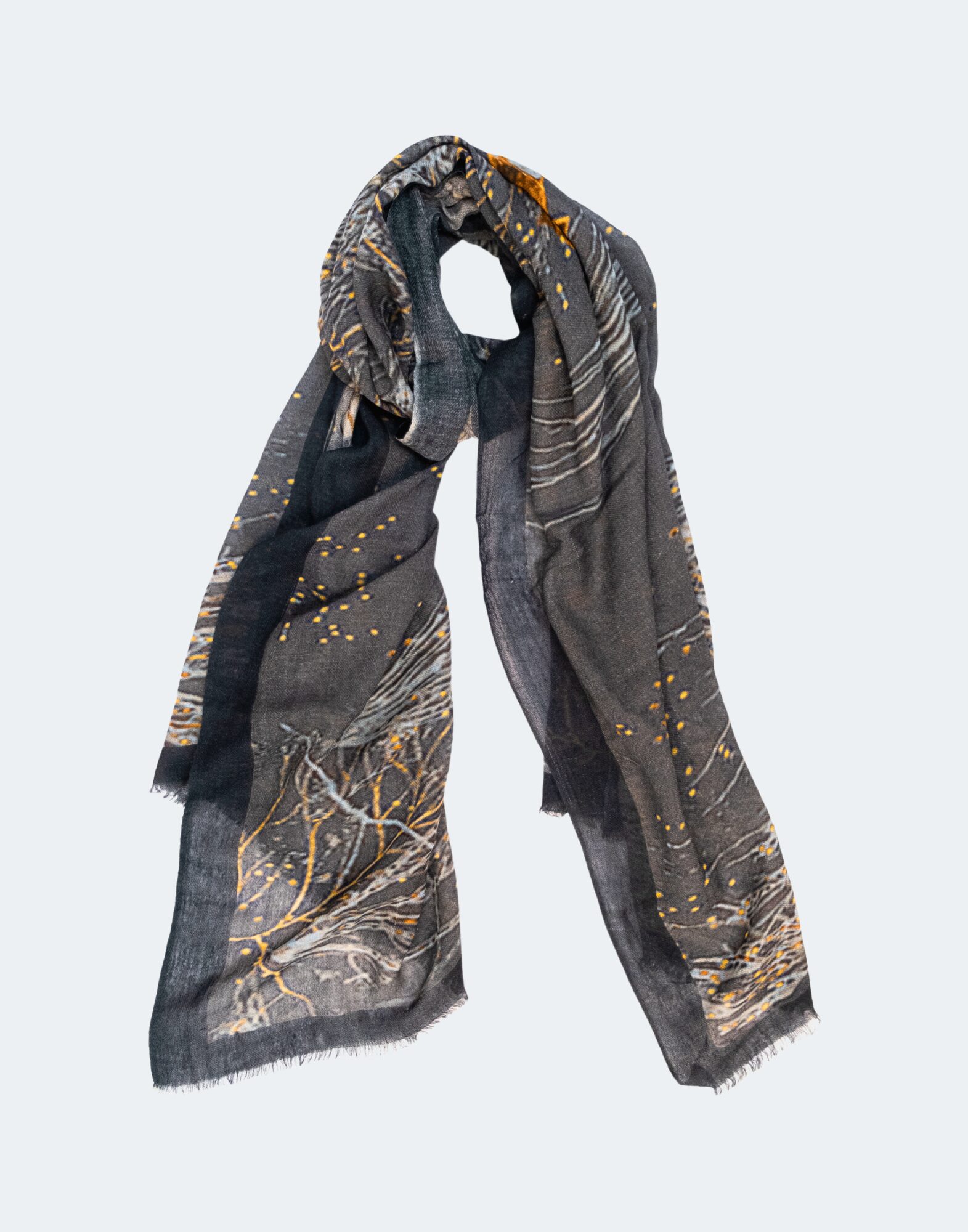 scarf with dark grays and black with flecks of gold and a pheasant