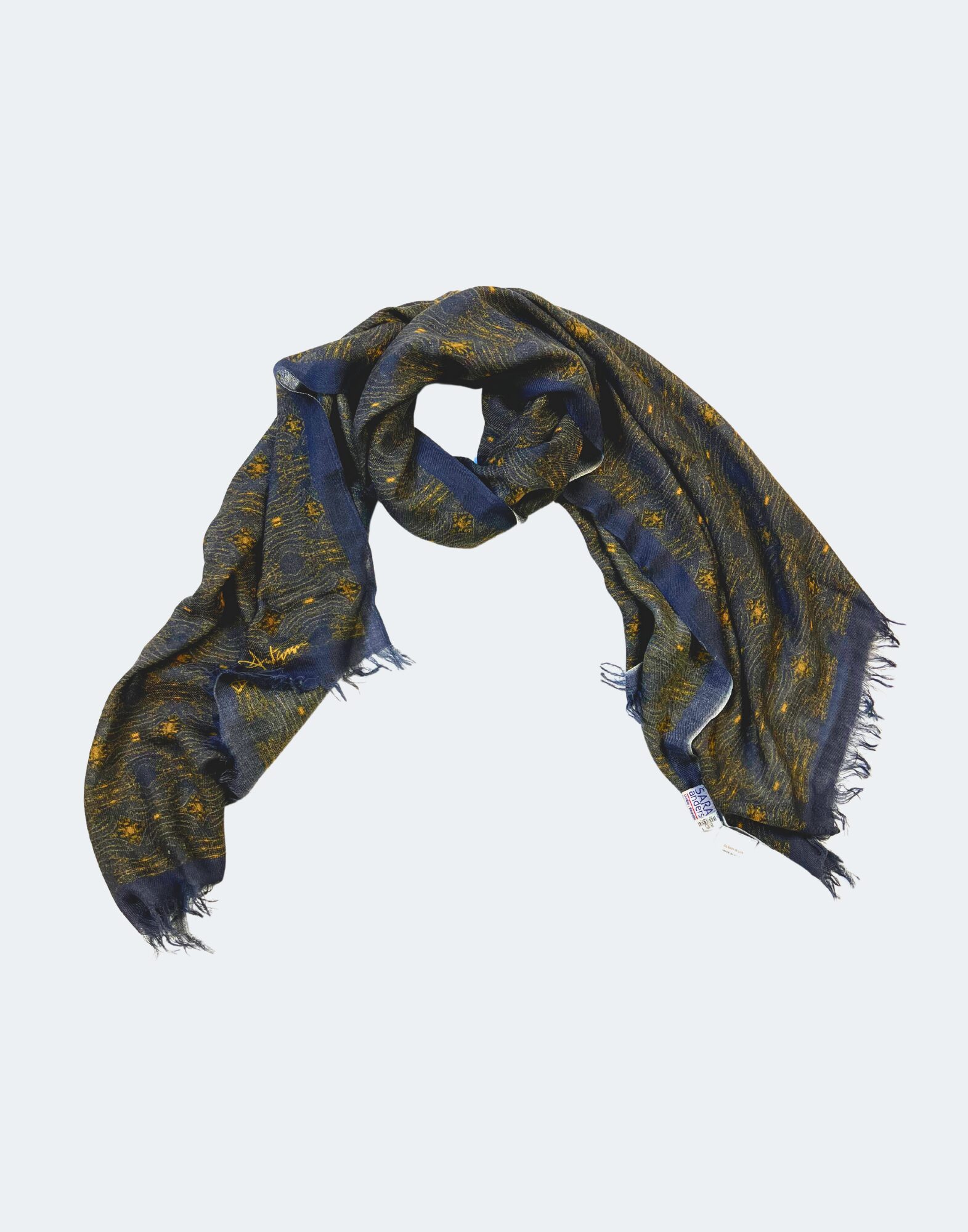 scarf of deep colors with yellow flecks